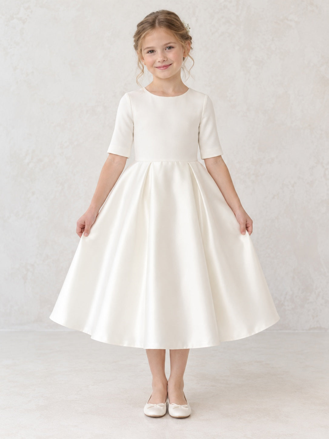 Simple Modest Tea-length Ivory Jewel Half-sleeve Box-pleated Satin-skirt Button-back Flower Girl Dress - view 1