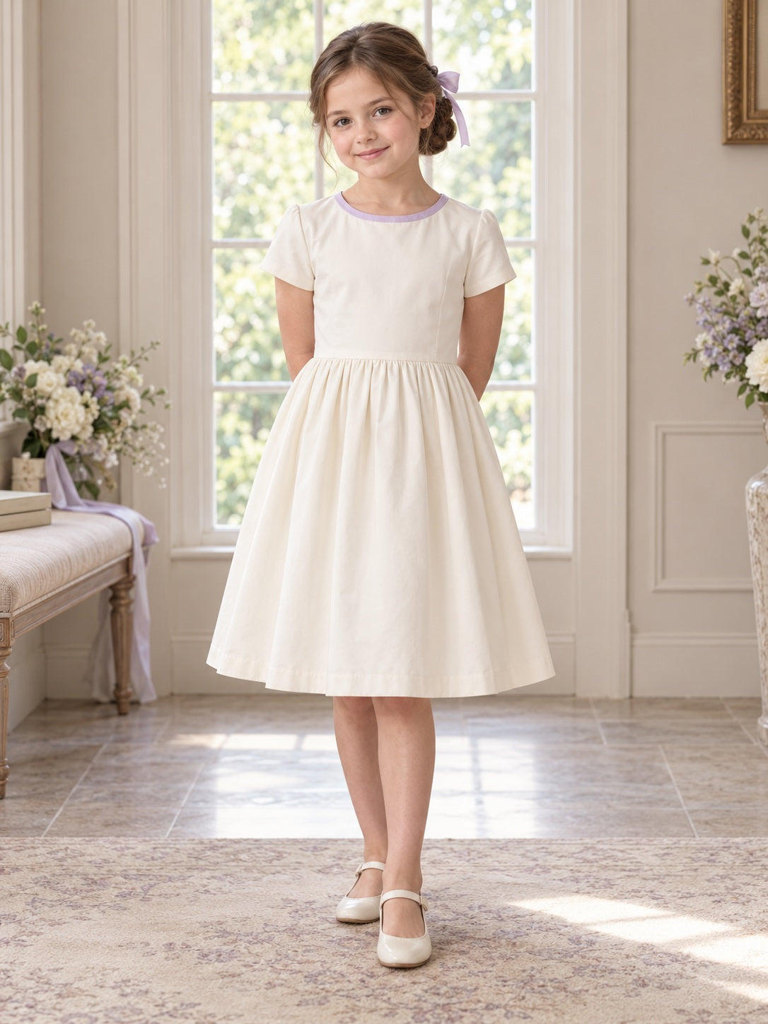 Simple Modest Cream Tea-length Fine Lavender Neck Short Sleeve Full Flower Girl Dress - view 1