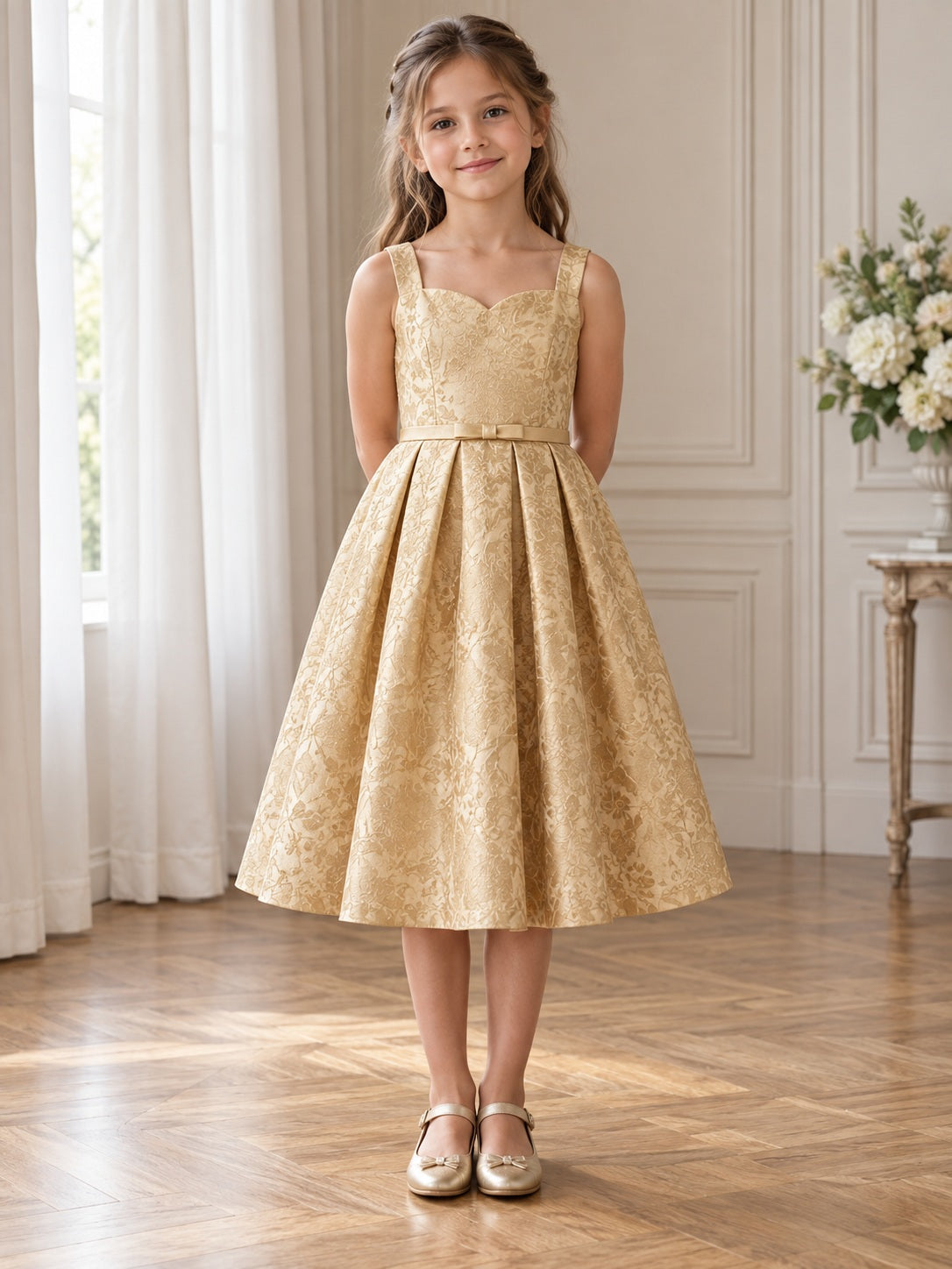 Vestido de niña de arras de brocado en dorado, línea A, escote corazón, sin mangas y largo a media pierna