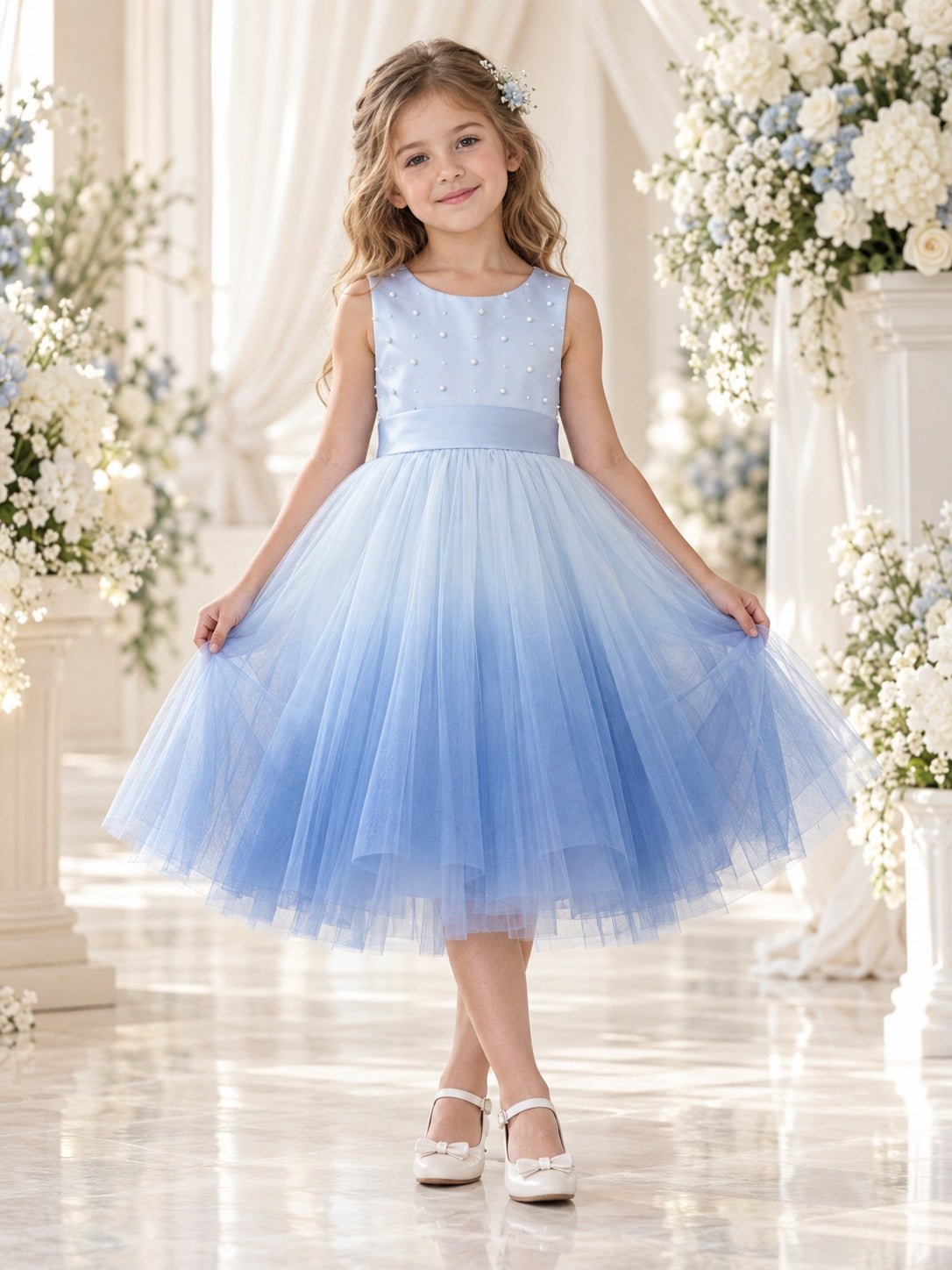 Tea-length Sky Blue Sleeveless Gradient Beaded Satin Tulle A-line Flower Girl Dress - view 1