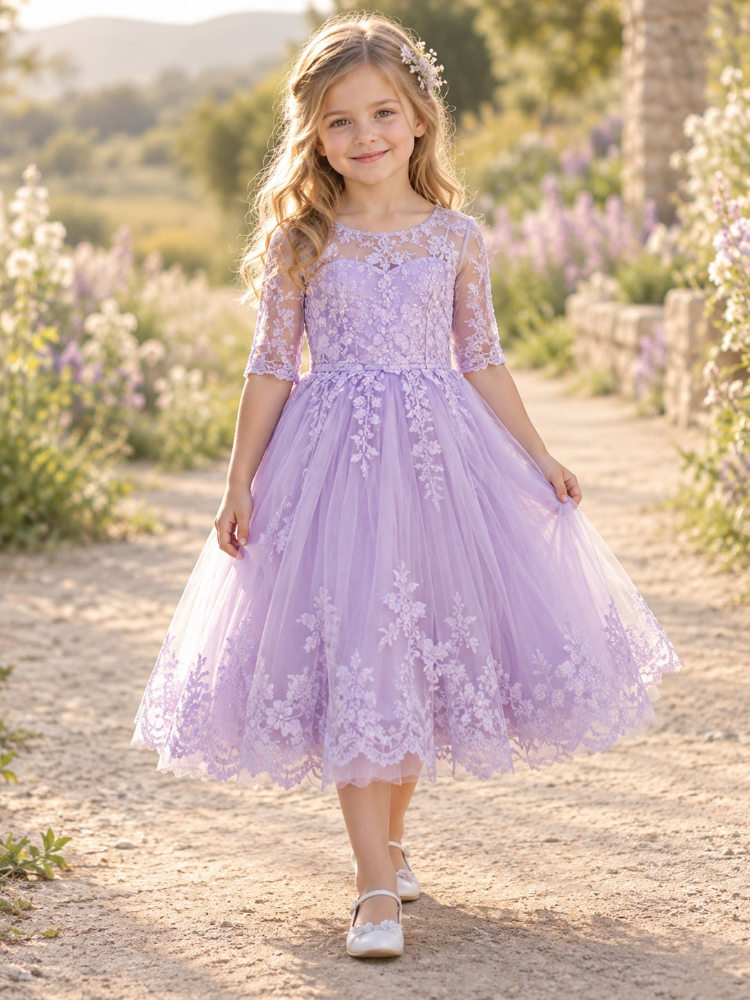 Lavender Half Sleeve Illusion Sweetheart Floral Lace Tea-length A-Line Scalloped Tulle Button Flowergirl Dress - view 1