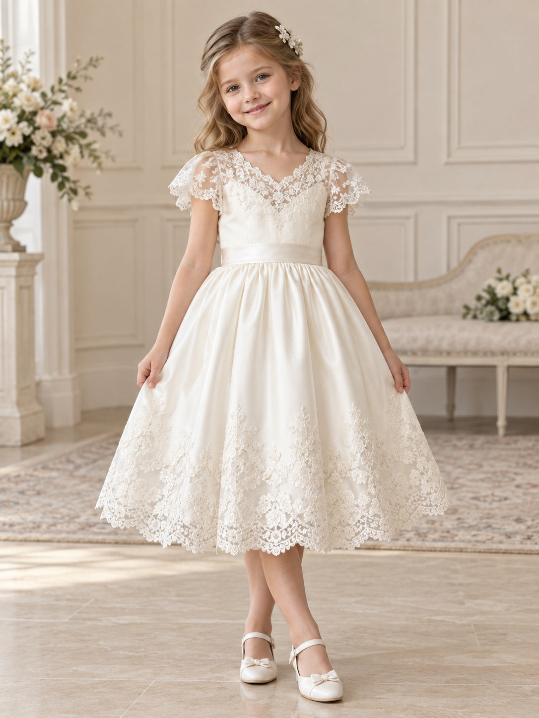 Tea-length Ivory V-neck Scalloped Cap Sleeve Lace Border Sashed Satin A-Line Flowergirl Dress - view 1