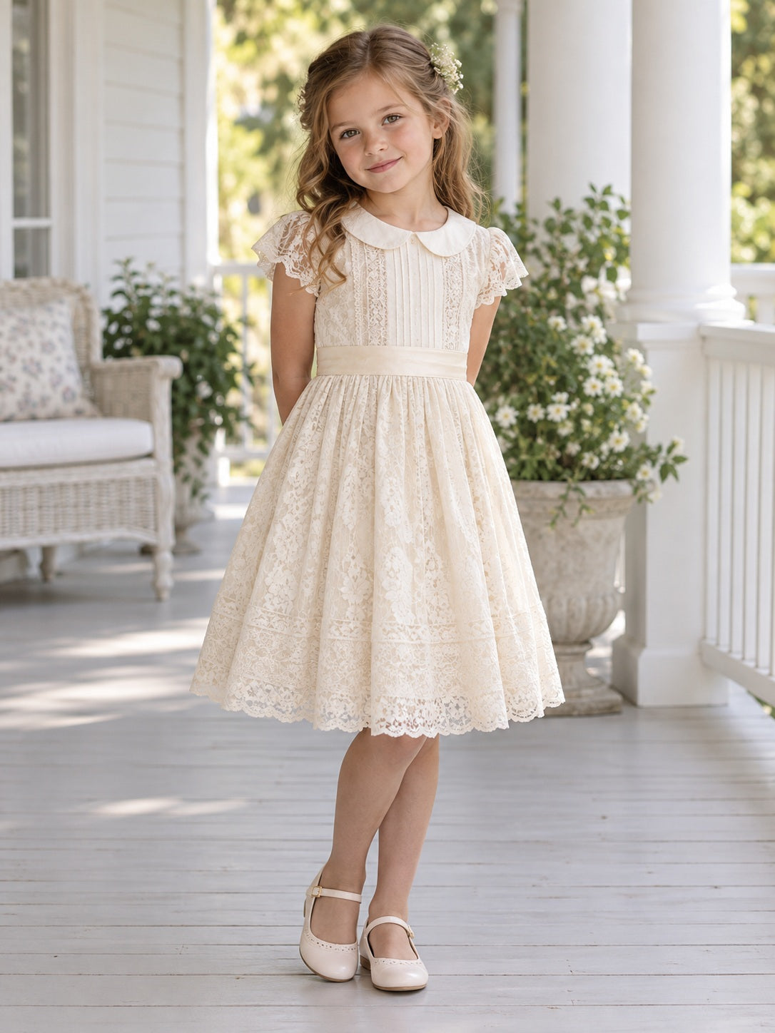 Tea-length Cream Rounded Collar Cap Sleeve Pintucked Banded Sashed Lace A-Line Flowergirl Dress - view 1