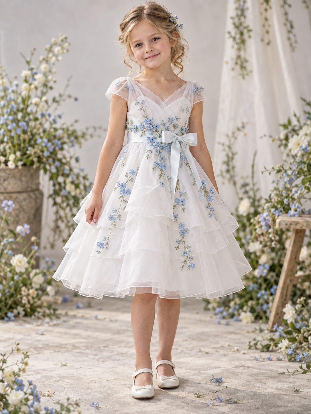 Tea-length Ivory V-neck Blue Floral Tiered Tulle Bow Flower Girl Dress - view 1