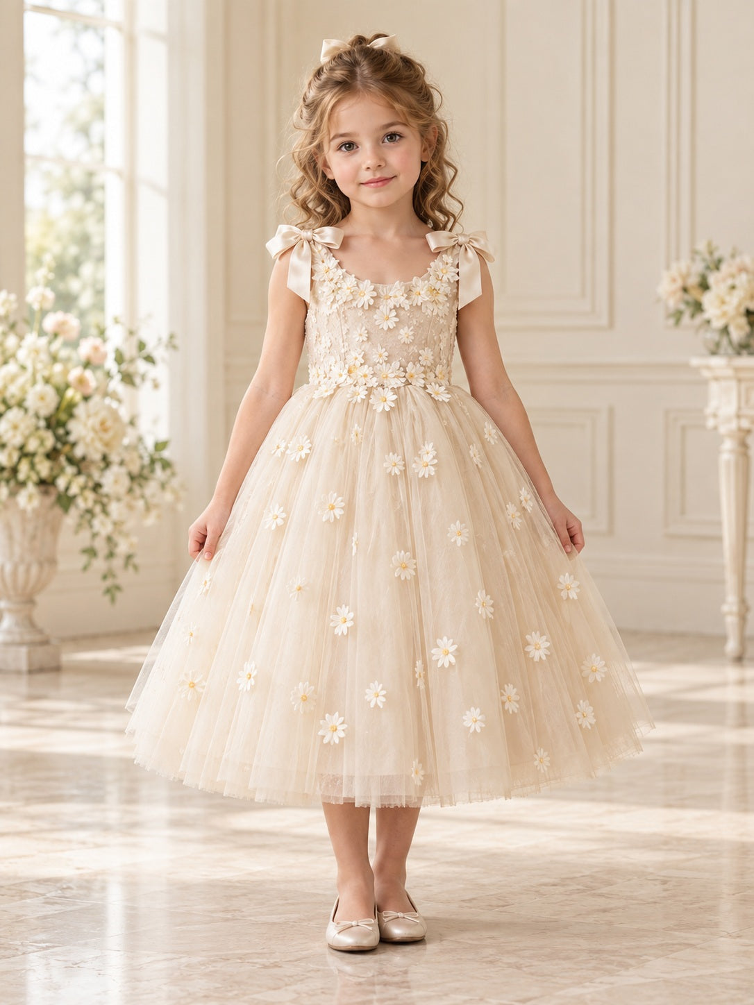 Tea-length Champagne Sleeveless Daisy Floral Shoulder Bow Tulle Flower Girl Dress - view 1