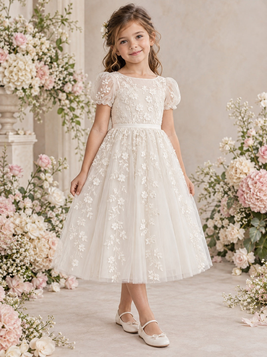 Modest Tea-length Ivory Short Sleeve Floral Lace Tulle A-line Flower Girl Dress - view 1