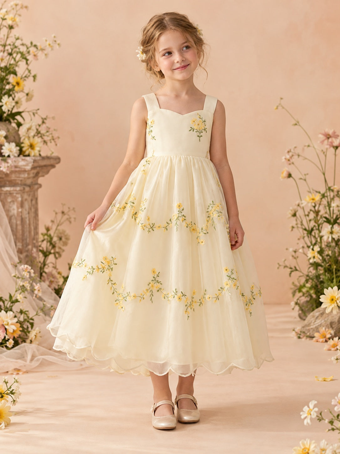 Tea-length Cream Sleeveless Sweetheart Yellow Floral Embroidered Scalloped Hem Tulle A-Line Flowergirl Dress - view 1