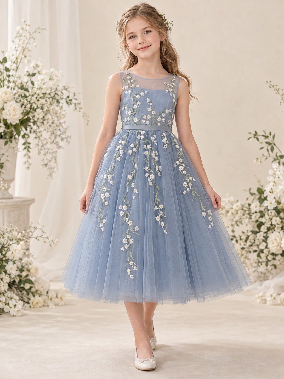 Tea-length Steel Blue Sleeveless Illusion Floral Tulle A-line Flower Girl Dress - view 1
