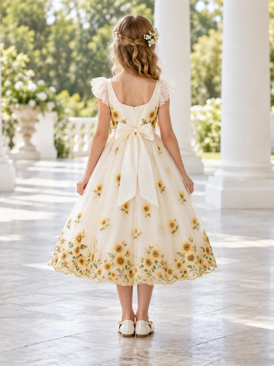 Tea-length Ivory Sweetheart Flutter Sleeve Sunflower Border Organza Flower Girl Dress - view 2