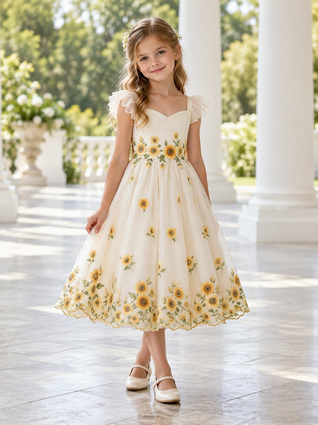 Tea-length Ivory Sweetheart Flutter Sleeve Sunflower Border Organza Flower Girl Dress - view 1