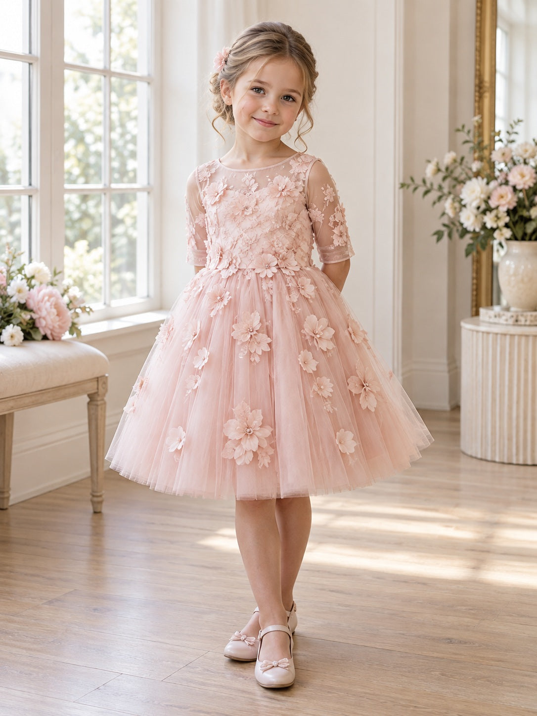 Modest Tea-length Pearl Pink Elbow Sleeve Floral Illusion Tulle Flower Girl Dress - view 1