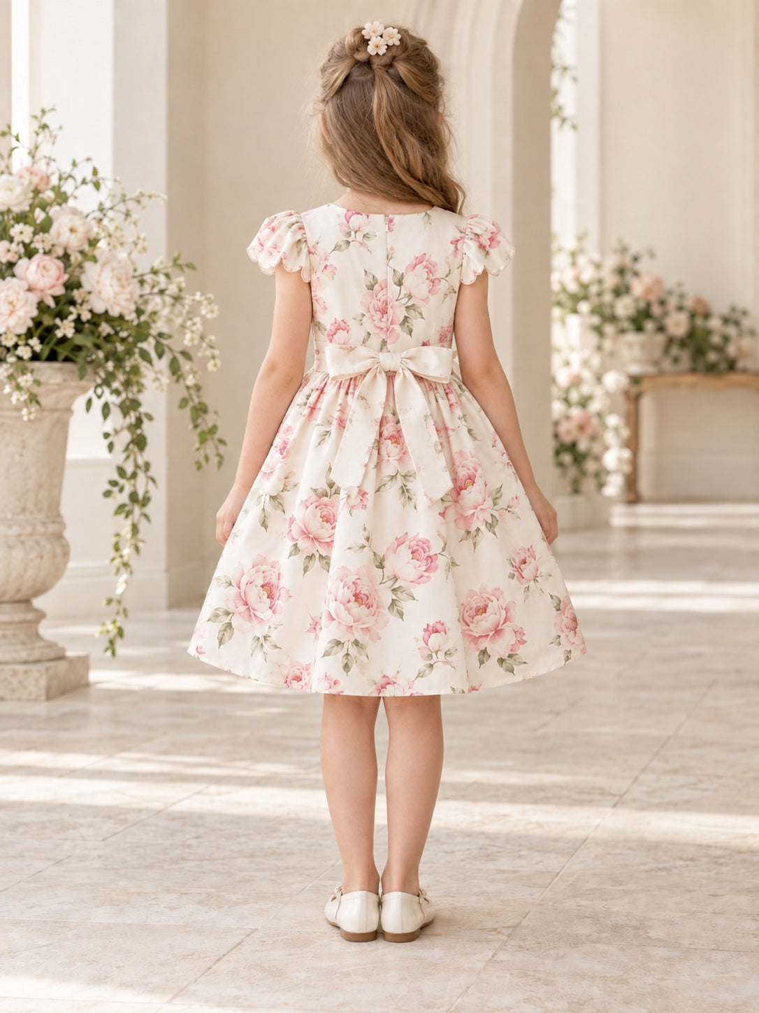 Short Ivory Pink Rose Petal Sleeve Floral Print Bow Flower Girl Dress - view 1