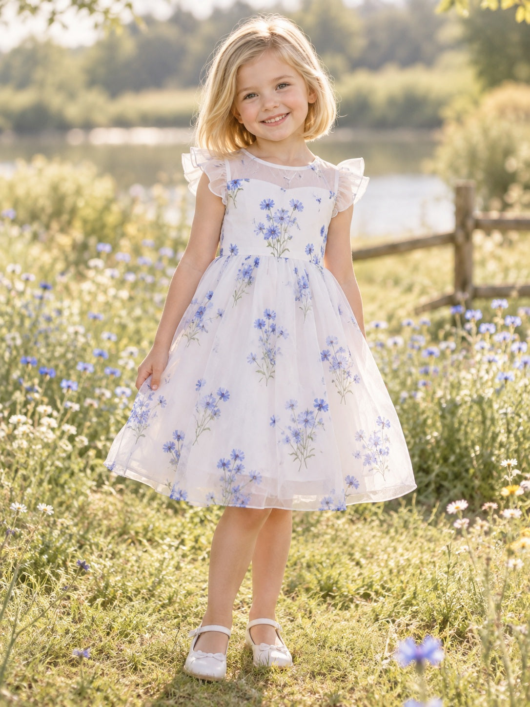 White Floral Knee Length Ruffle Cap Sleeve Organza A-line Flower Girl Dress - view 1