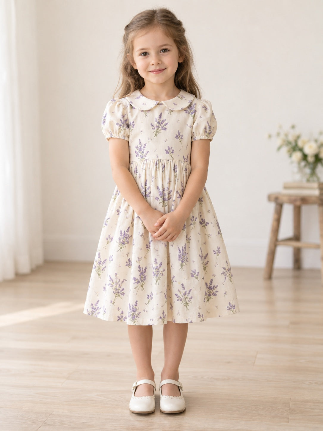Vintage Modest Tea-length Cream Floral Collared Puff Sleeve Cotton Flower Girl Dress - view 1