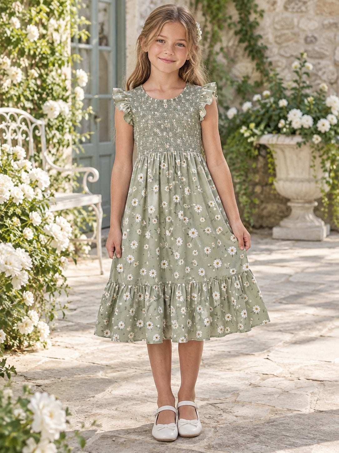 Landhaus-Blumenmädchenkleid aus Baumwolle in Teelänge, Salbeigrün, mit Schößchen und Rüschen