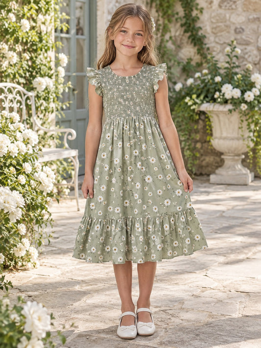 Robe de fille en coton style champêtre longueur thé sauge à fleurs manches papillon et volants