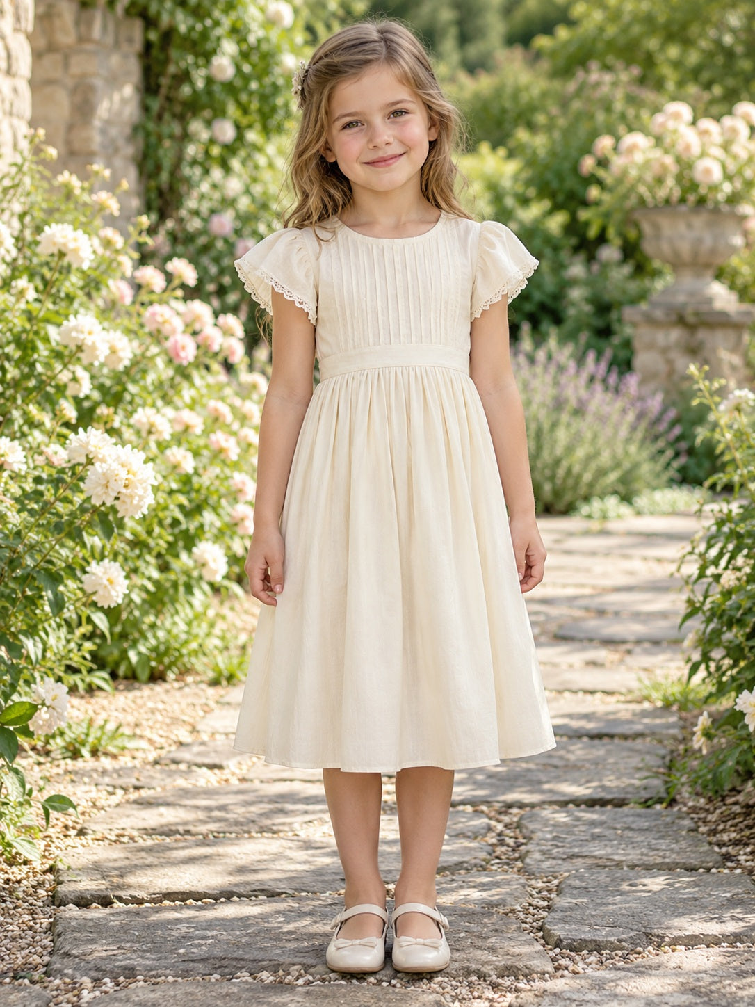 Robe de demoiselle d'honneur vintage simple style campagne en coton crème à longueur thé, à plis marqués et manches papillon