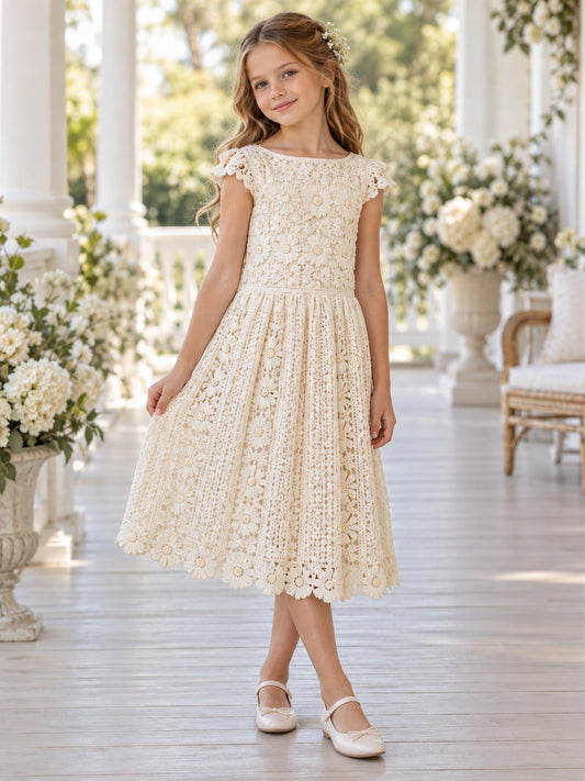 Boho Vintage Tea-length Cream Bateau Cap Sleeve Daisy Lace Flower Girl Dress - view 1