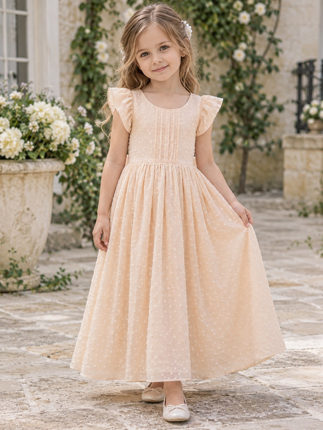 Vestido de niña de arras de algodón en champán, línea A, escote redondo, manga corta y largo al tobillo
