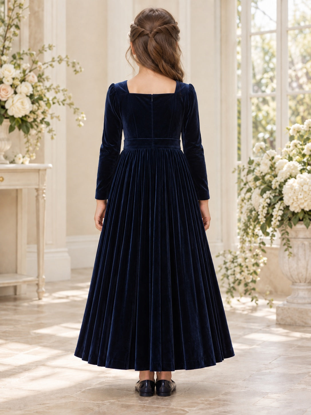 Robe de demoiselle d'honneur en velours bleu marine plissée à manches longues, col carré, longueur cheville