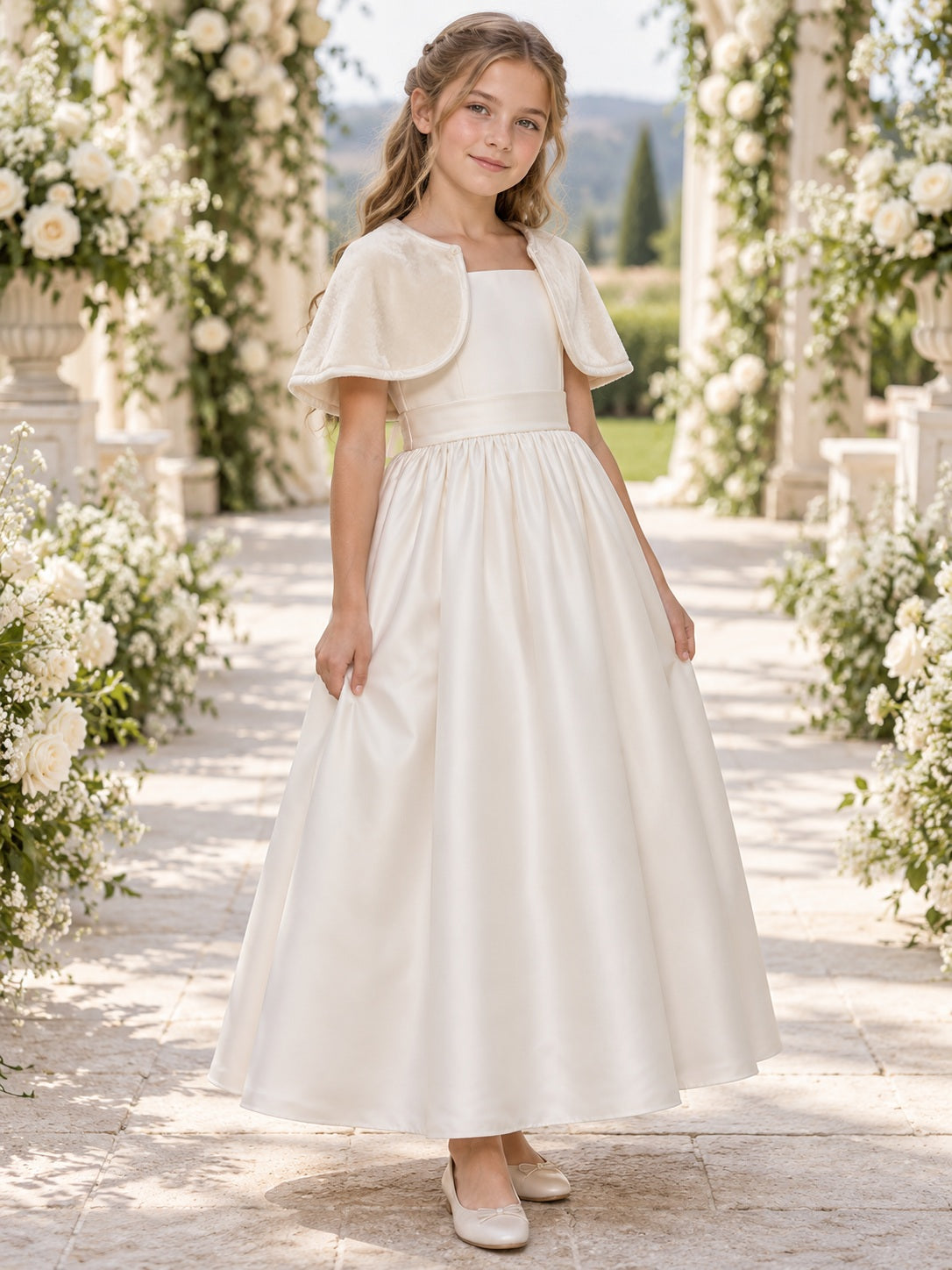 Elfenbeinfarbenes Samtkleid für Blumenmädchen mit eckigem Ausschnitt, Capelet, Schärpe und Satinblume