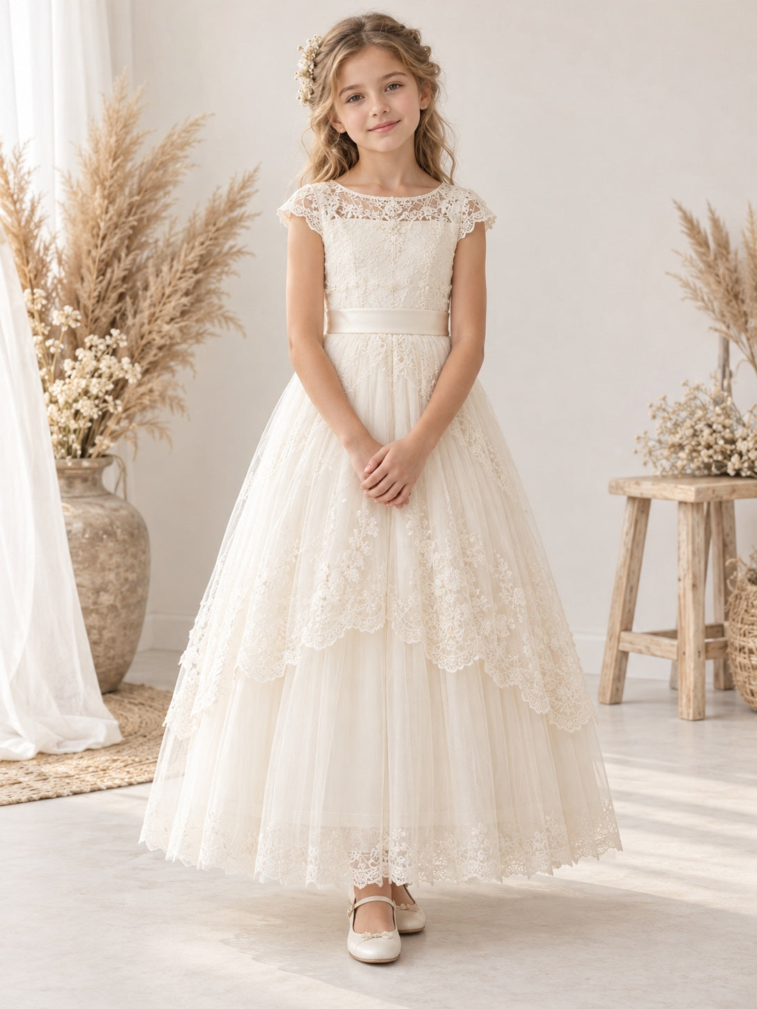 Robe de première communion vintage ivoire à encolure bateau, manches cape en dentelle et jupe à volants