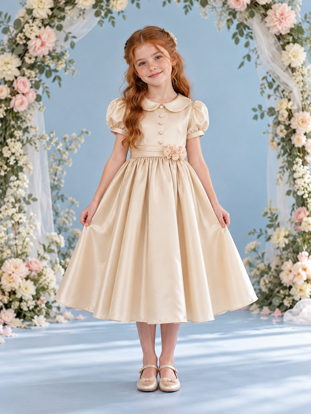Blumenmädchenkleid in Champagner mit Peter-Pan-Kragen, Puffärmeln, Blumenmuster und betonter Taille