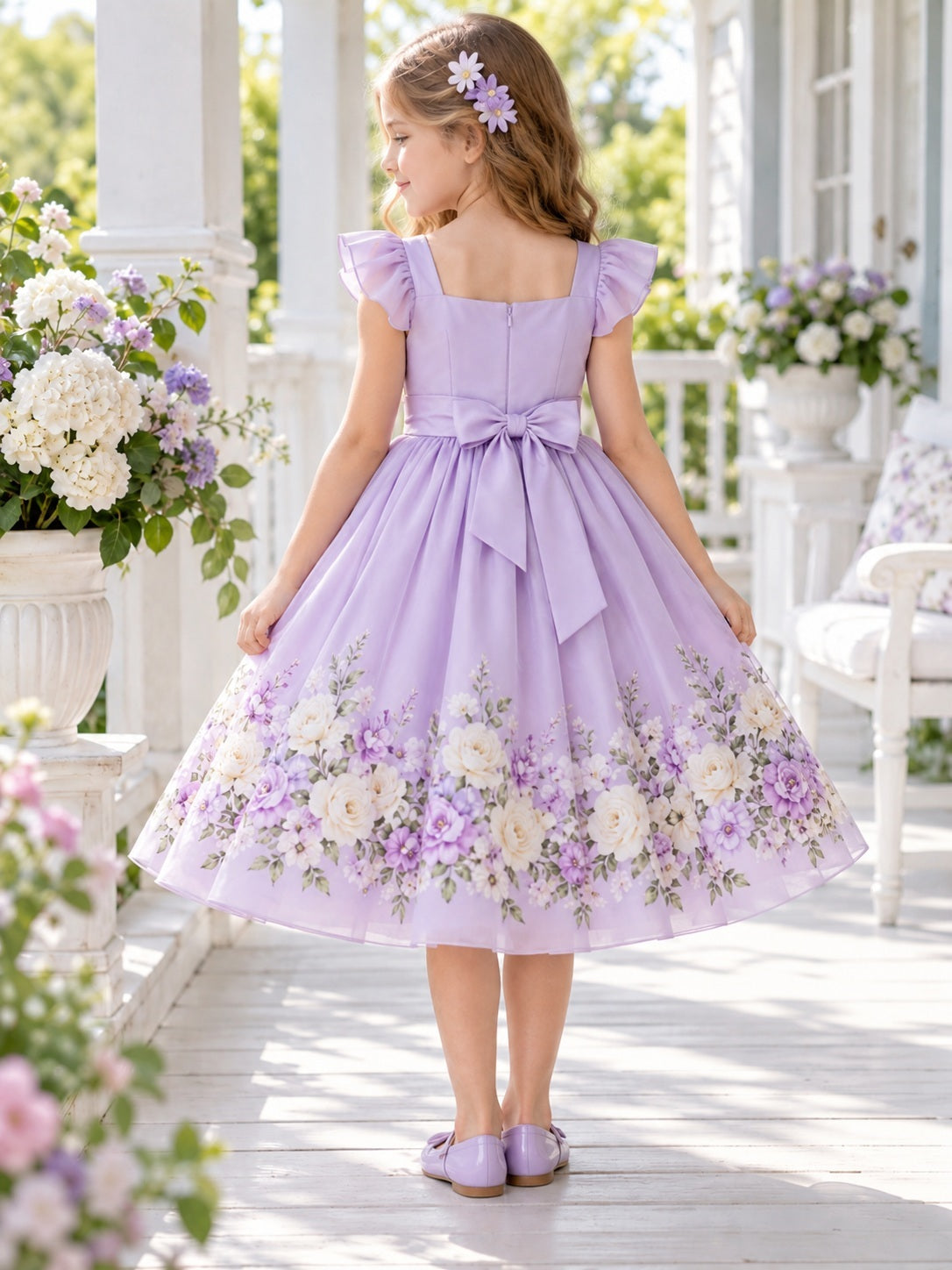 Tea-length Square Neck Lilac Floral Flutter Sleeve Sash Flower Girl Dress — back view