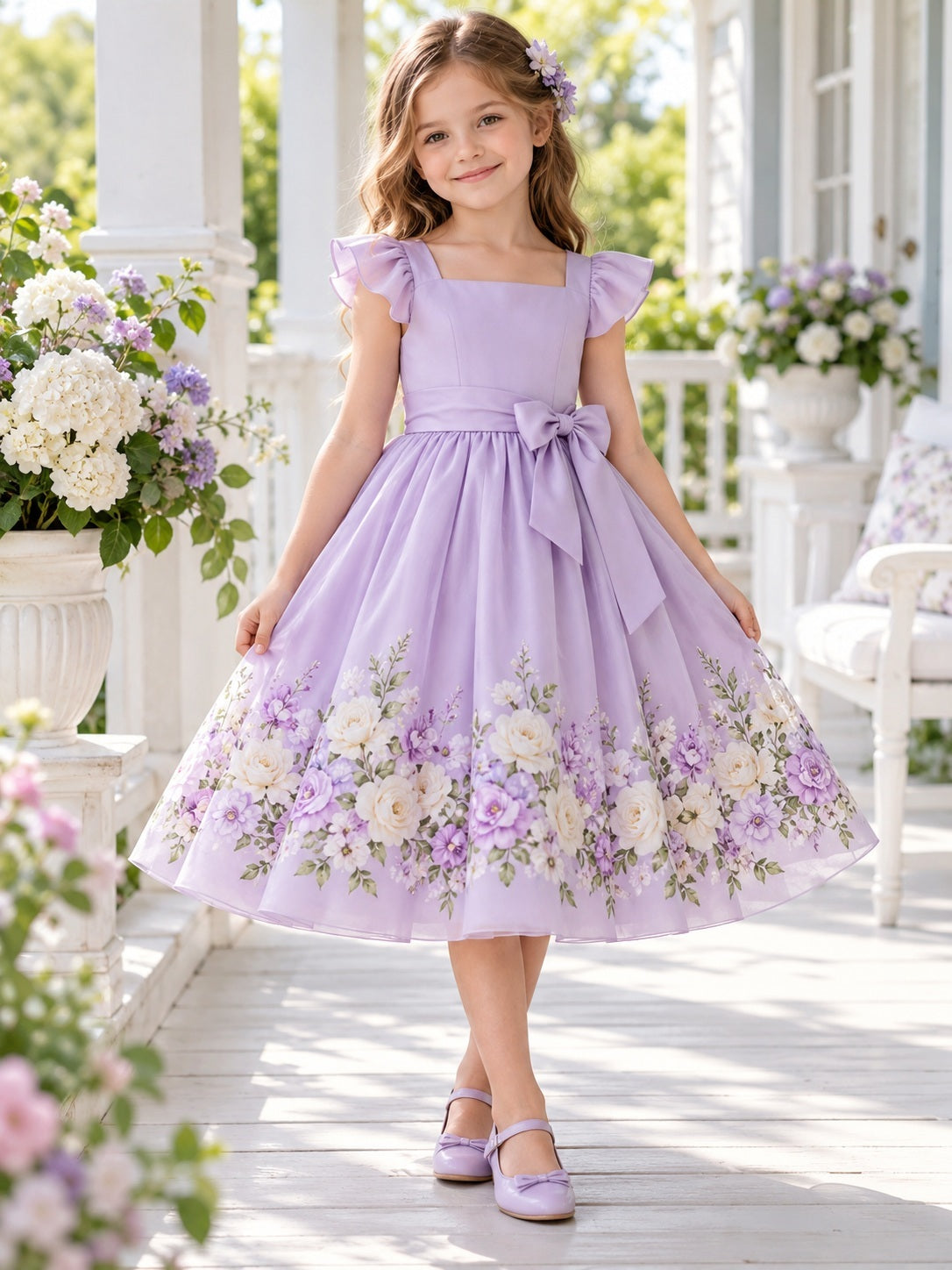 Tea-length Square Neck Lilac Floral Flutter Sleeve Sash Flower Girl Dress — front view