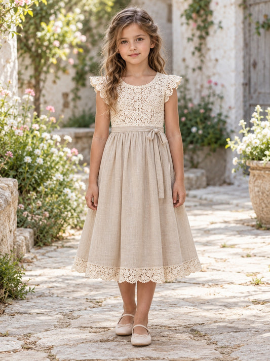 Vestido de niña de arras de algodón, lino y encaje en topo, línea A, escote redondo cerrado, manga corta y largo a media pierna