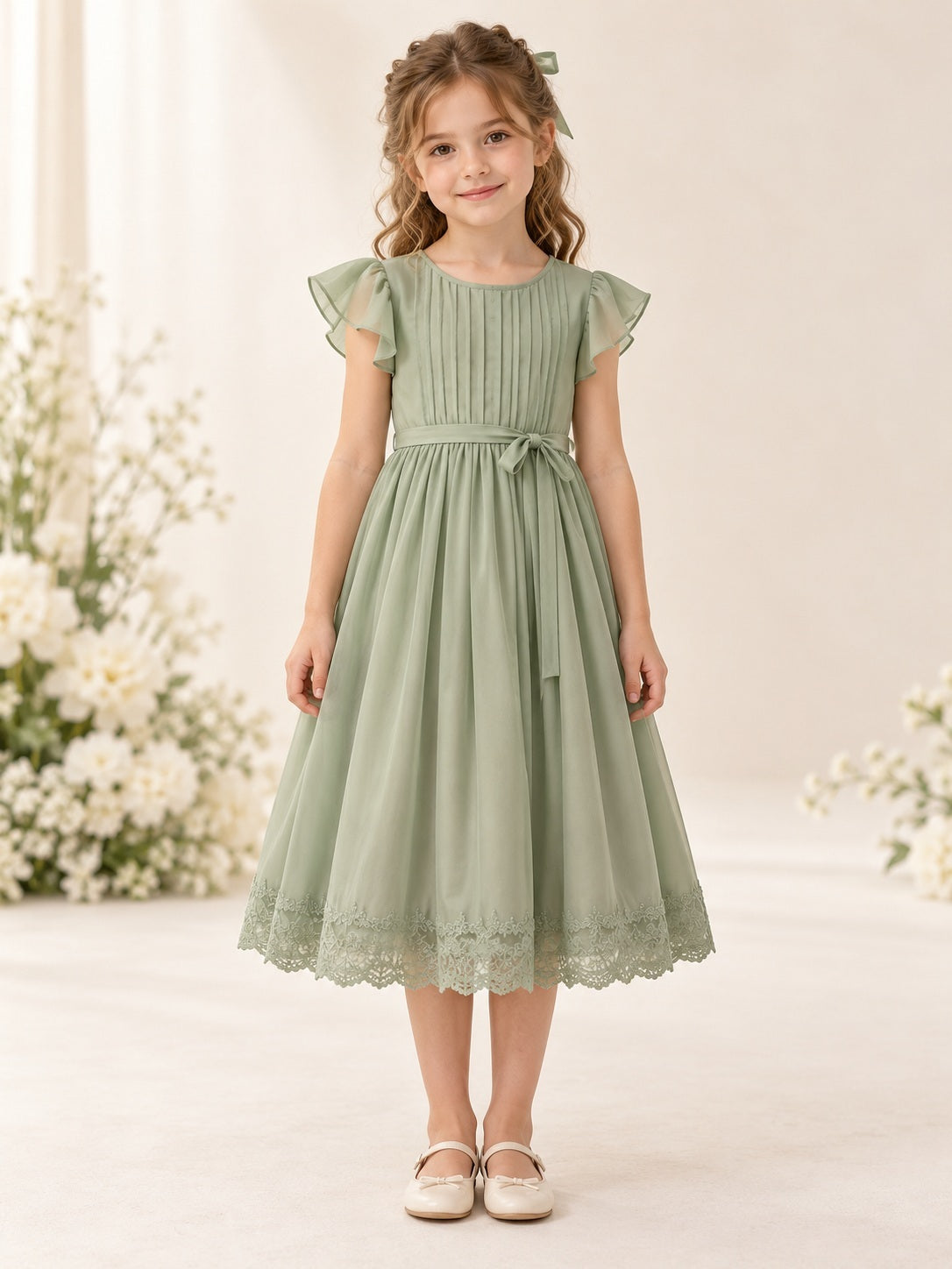 Teelanges, salbeifarbenes Blumenmädchenkleid mit Rundhalsausschnitt, Flatterärmeln und Bundfalten