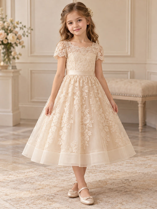 Vestido de niña de arras de encaje y organza en champán, línea A, festoneado, manga corta y largo a media pierna