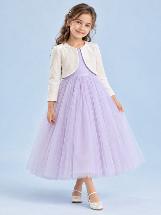 Vestido de niña de arras de terciopelo y tul en lavanda, línea A, escote redondo cerrado, manga larga y largo a media pierna