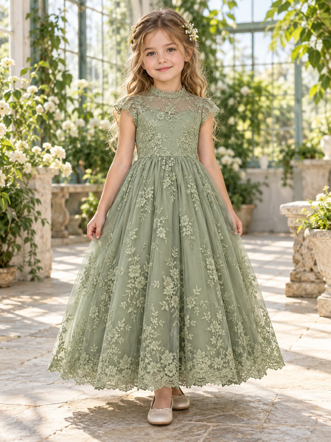 Vestido de niña de arras de encaje y tul en verde salvia, línea A, cuello alto, manga corta y largo al tobillo