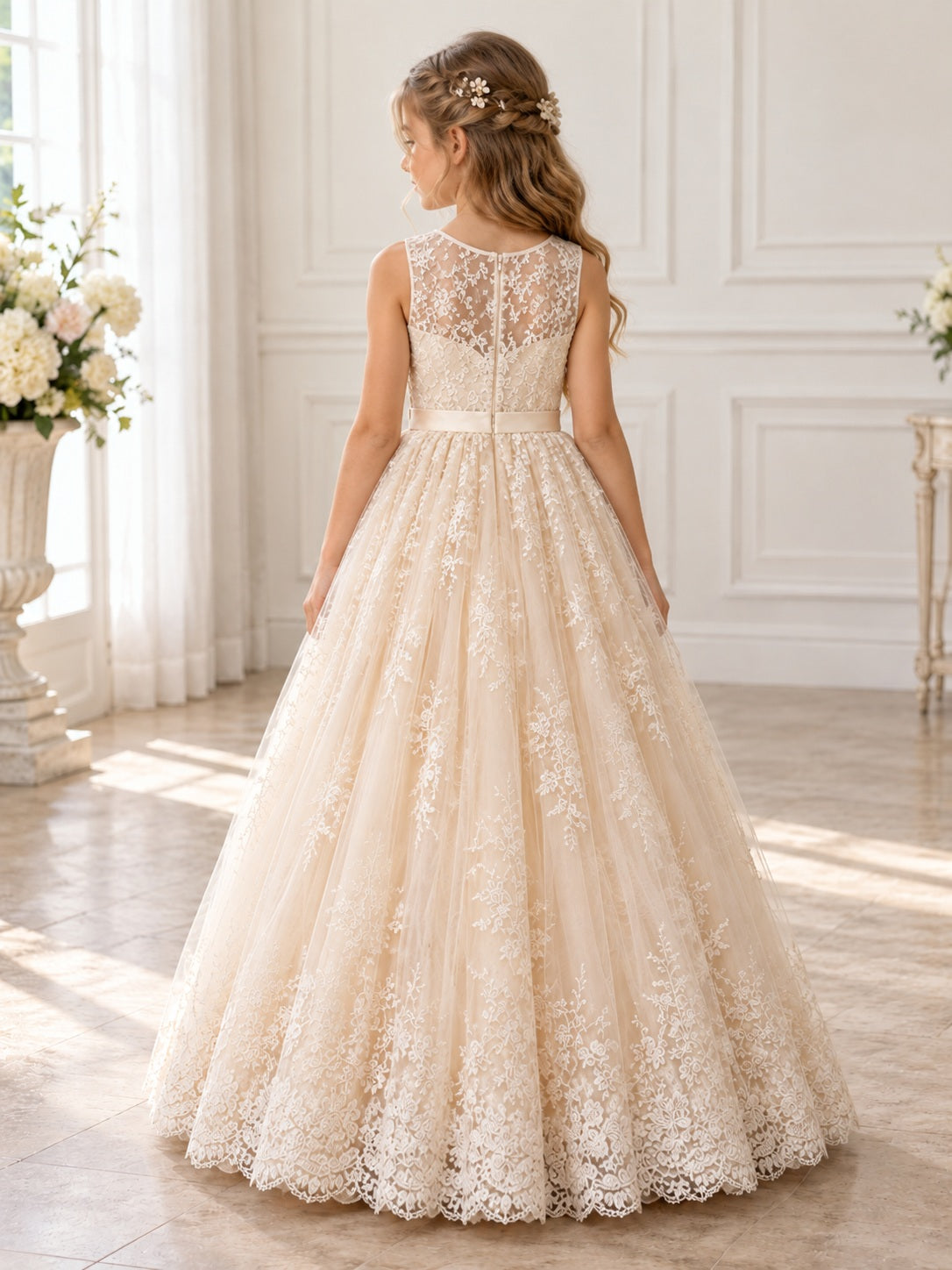 Champagne Jewel Neck Floral Lace Sleeveless Flower Waist Full Length Flower Girl Dress — image 2, style 410850