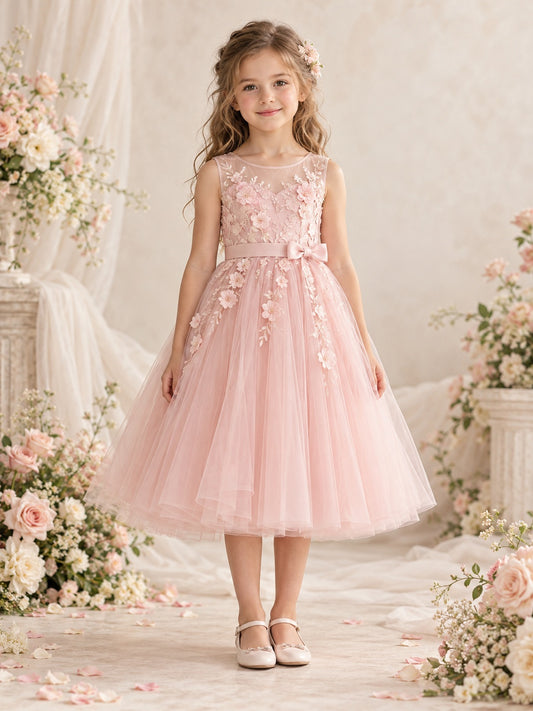 Pink Jewel Illusion Floral Applique Sleeveless Sashed Tea Length Tulle Flower Girl Dress — image 1, style 410851