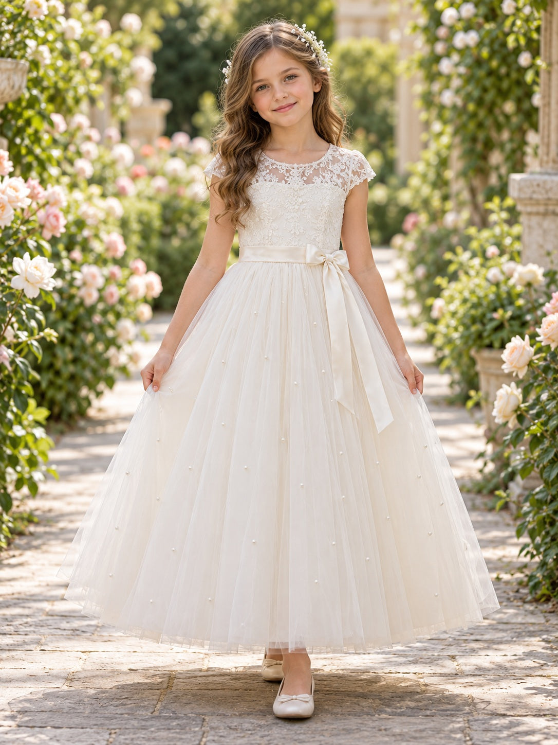 Vestido de niña de arras de tul y encaje en marfil, línea A, escote redondo cerrado, manga corta y largo al tobillo