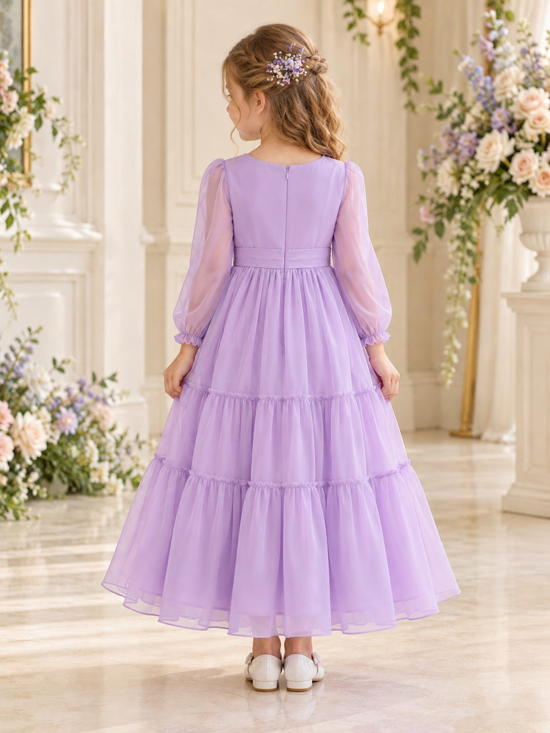 Lilac Long Sheer Sleeve Jewel Neck Bow Waist Tiered Chiffon Flower Girl Dress — image 2, style 410856