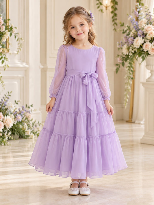 Lilac Long Sheer Sleeve Jewel Neck Bow Waist Tiered Chiffon Flower Girl Dress — image 1, style 410856