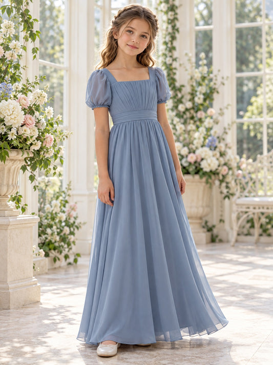 Blue Square Neck Chiffon Puff Sleeve Pleated Waist Full Length Flower Girl Dress — image 1, style 410860