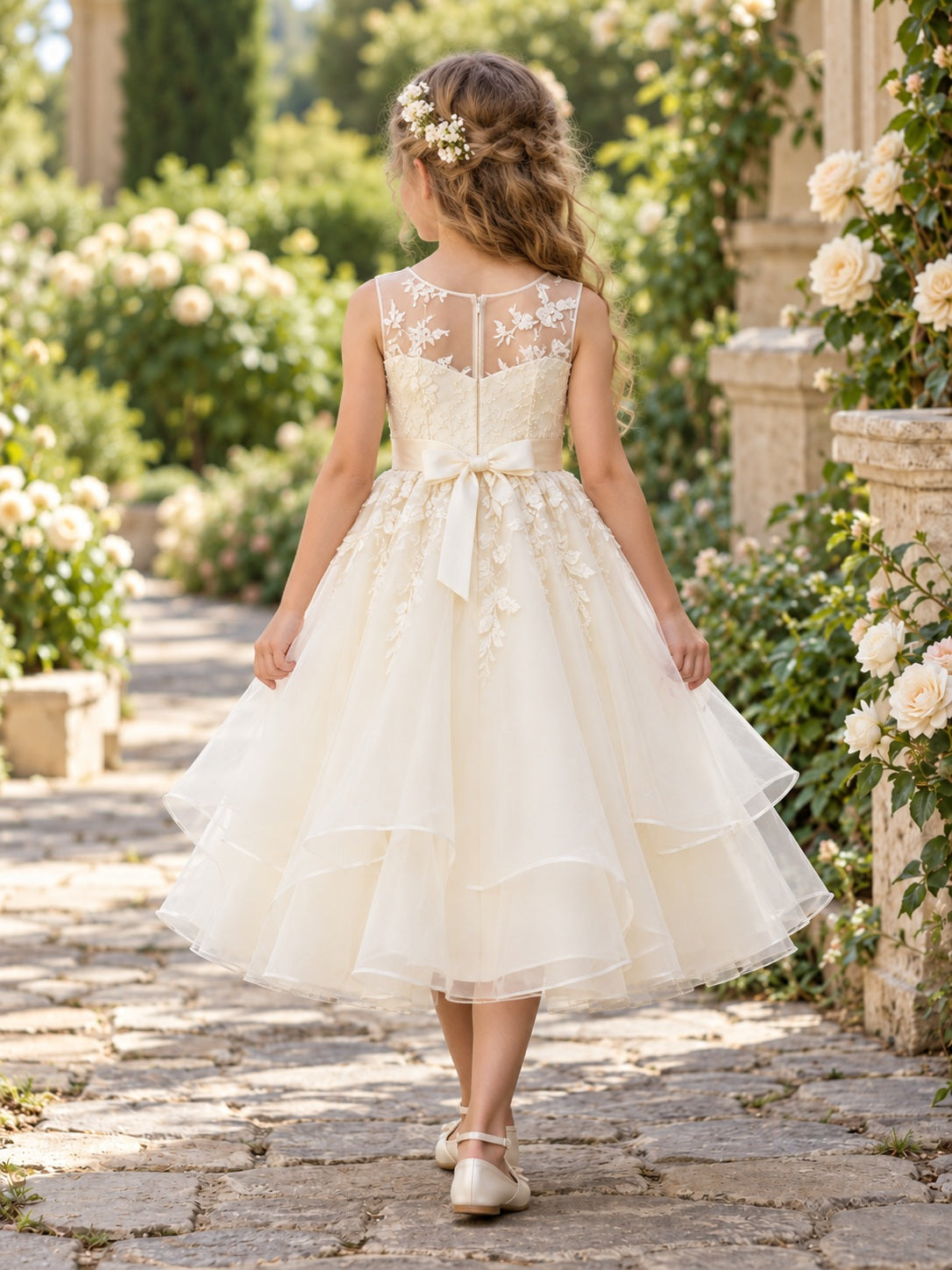 Robe de demoiselle d'honneur longueur thé en organza superposé, sans manches, en dentelle florale ivoire à illusion bijou