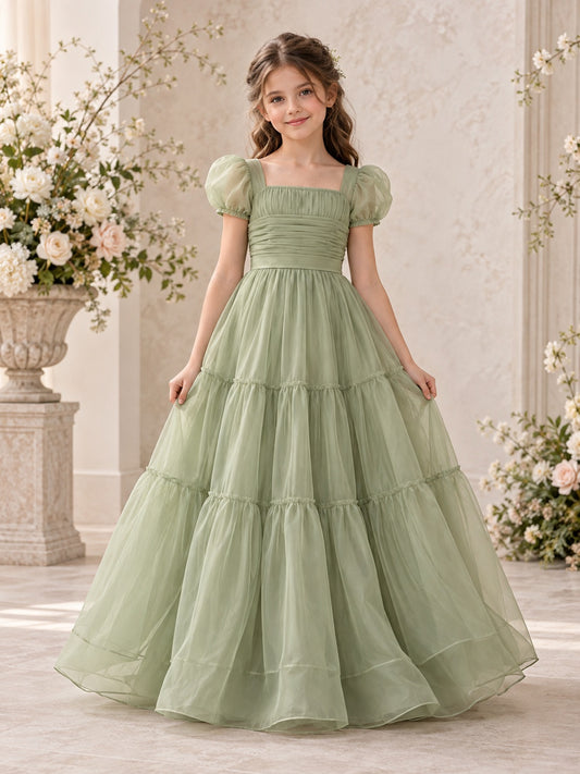 Sage Square Neck Organza Puff Sleeve Ruched Bodice Tiered Full Length Flower Girl Dress — image 1, style 410864