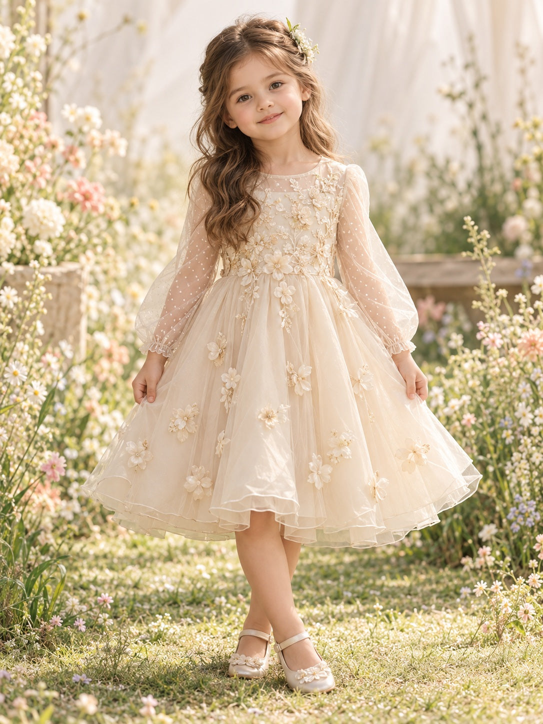 Robe de demoiselle d'honneur en organza à manches longues transparentes, col rond, couleur champagne, avec appliqués floraux