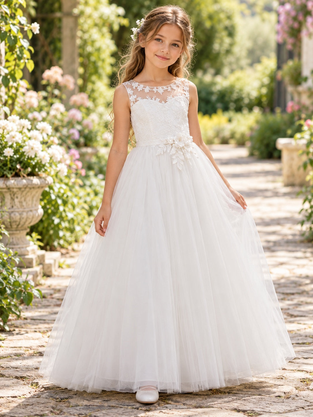 Langes, ärmelloses Blumenmädchenkleid in Weiß mit Juwel-Illusion, floraler Spitze und Blumenbesatz an der Taille