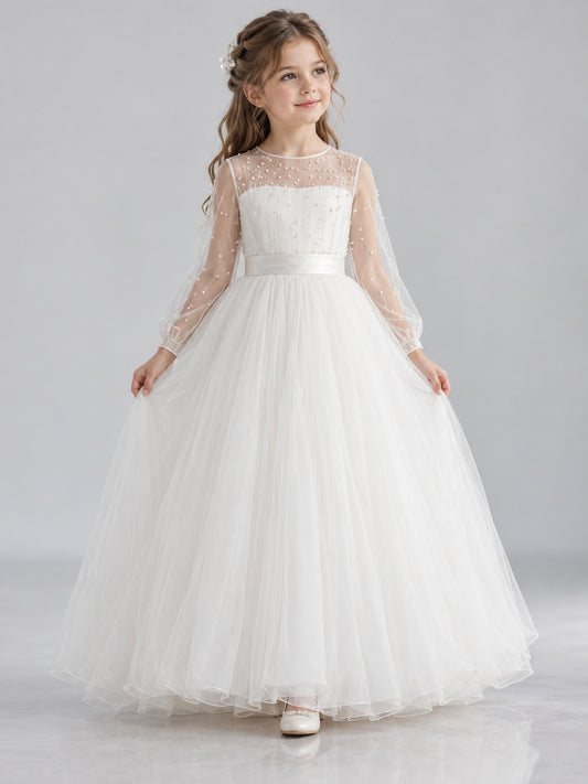 White Long Sheer Sleeve Pearl Dotted Jewel Neck Full Tulle Flower Girl Dress — image 1, style 410868