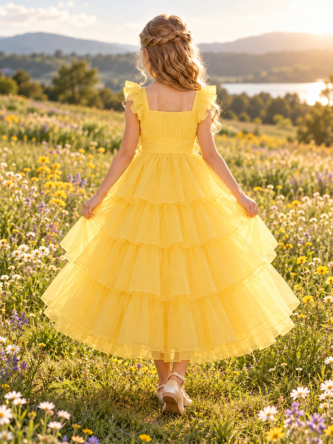 Yellow Square Neck Organza Ruffle Sleeve Full Tiered Tea Length Flower Girl Dress — image 2, style 410874