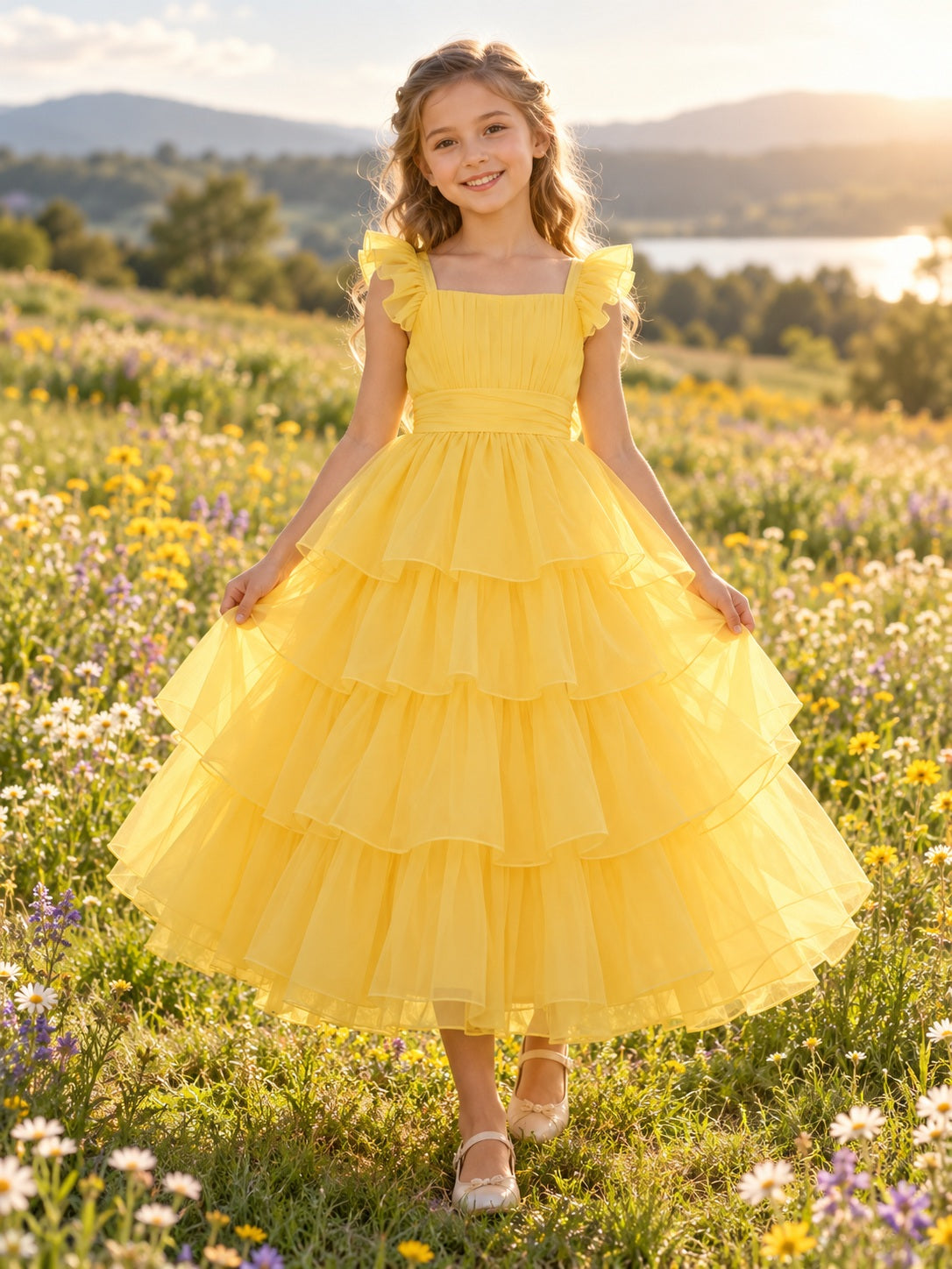 Yellow Square Neck Organza Ruffle Sleeve Full Tiered Tea Length Flower Girl Dress — image 1, style 410874