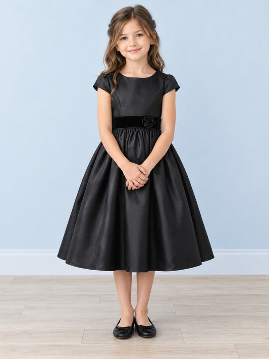 Black Jewel Neck Satin Cap Sleeve Rosette Waist Tea Length Flower Girl Dress — image 1, style 410877