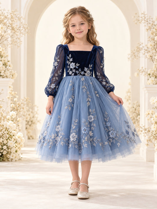 Navy Square Neck Velvet Long Embroidered Sleeve Floral Tulle Flower Girl Dress — image 1, style 410892