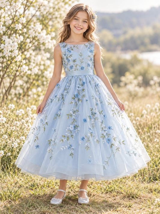 Blue Jewel Neck Multicolor Floral Embroidered Sleeveless Sashed Tulle Flower Girl Dress — image 1, style 410895